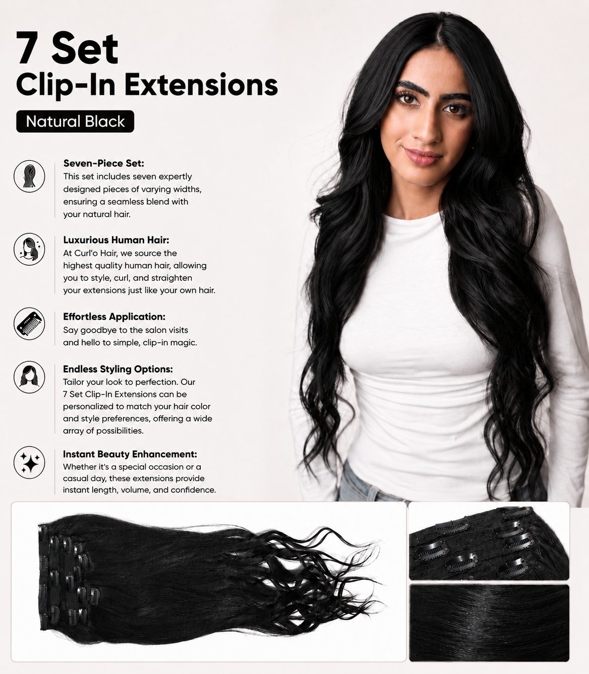 7 Set Clip-In Extensions - Natural Black