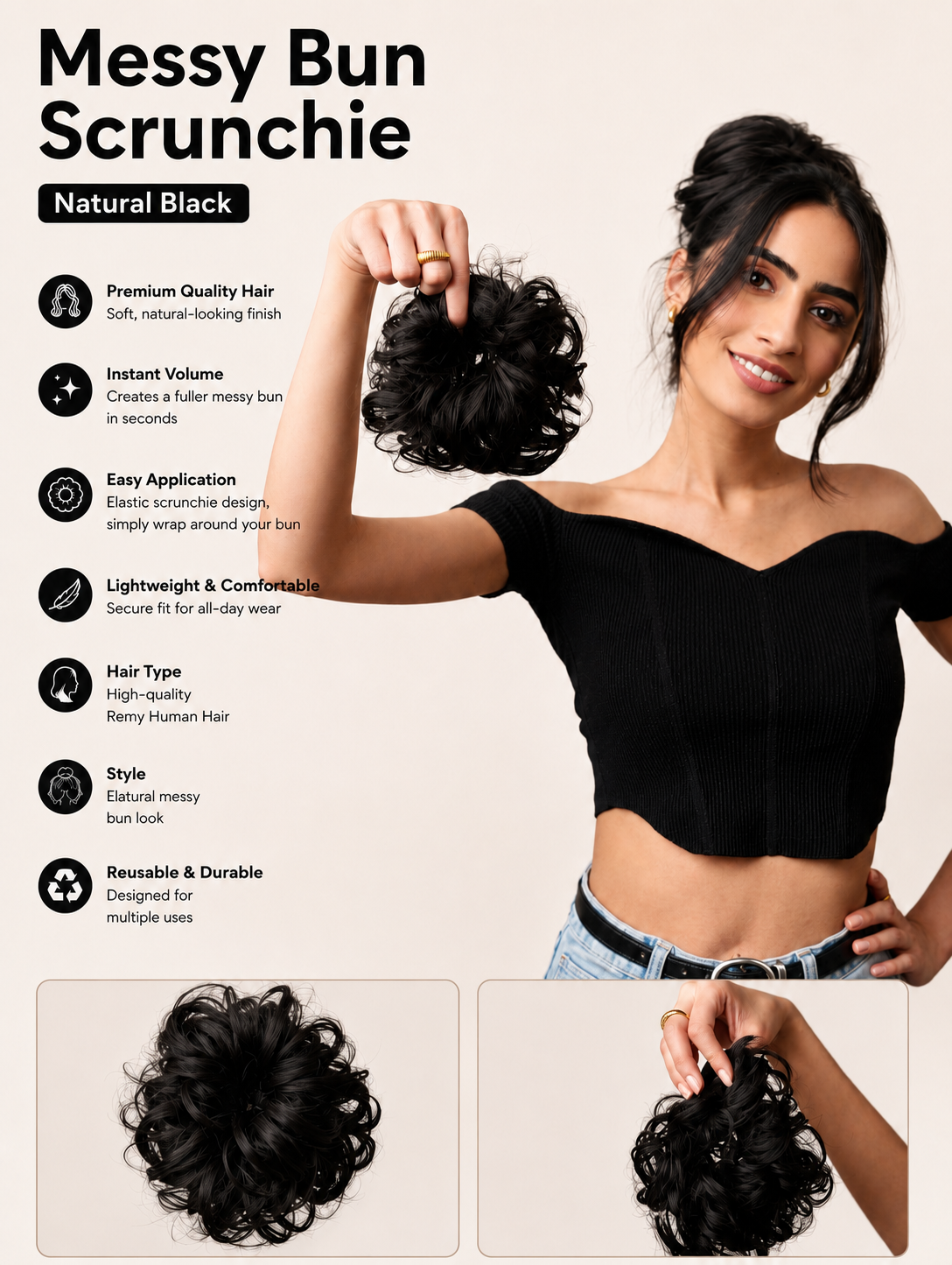 Messy Bun Scrunchie Natural Black