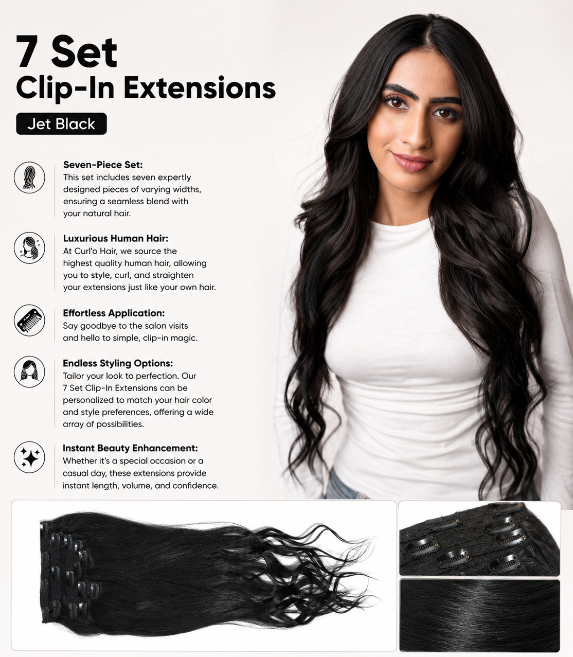 7 Set Clip-In Extensions - Jet Black